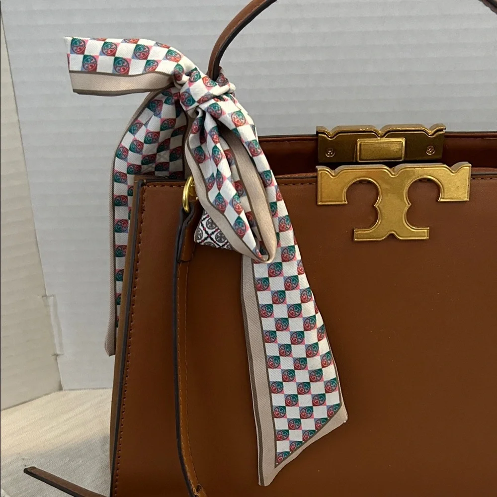Tory Burch $700 Tan Eleanor Spazoletto Satchel with Gold Logo and Ribbon